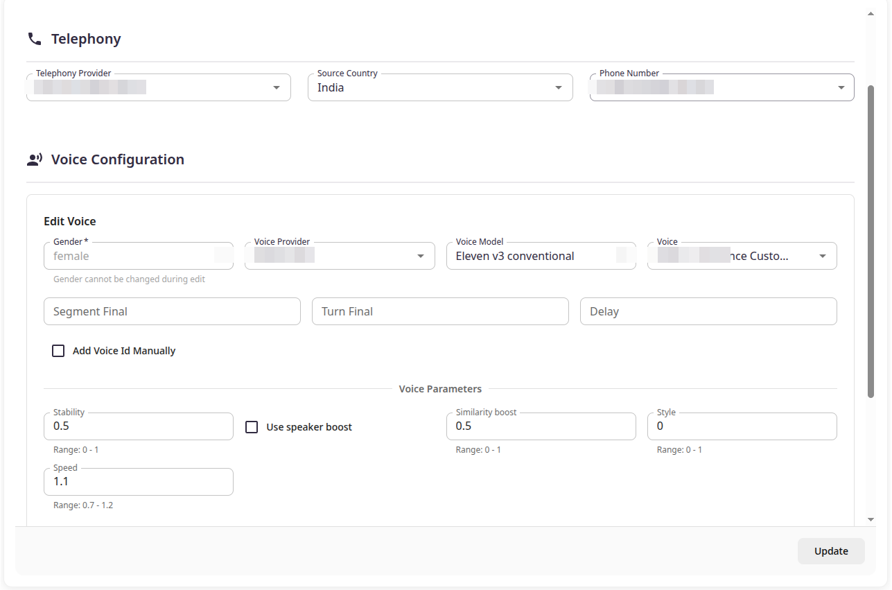 Agent configuration workspace showing voice and language settings, knowledge sources, system prompts, workflows, tool integrations, and deployment state.